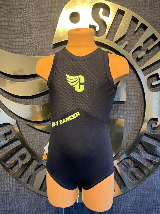 Girls Black Leotard With Fluo Yellow Prints