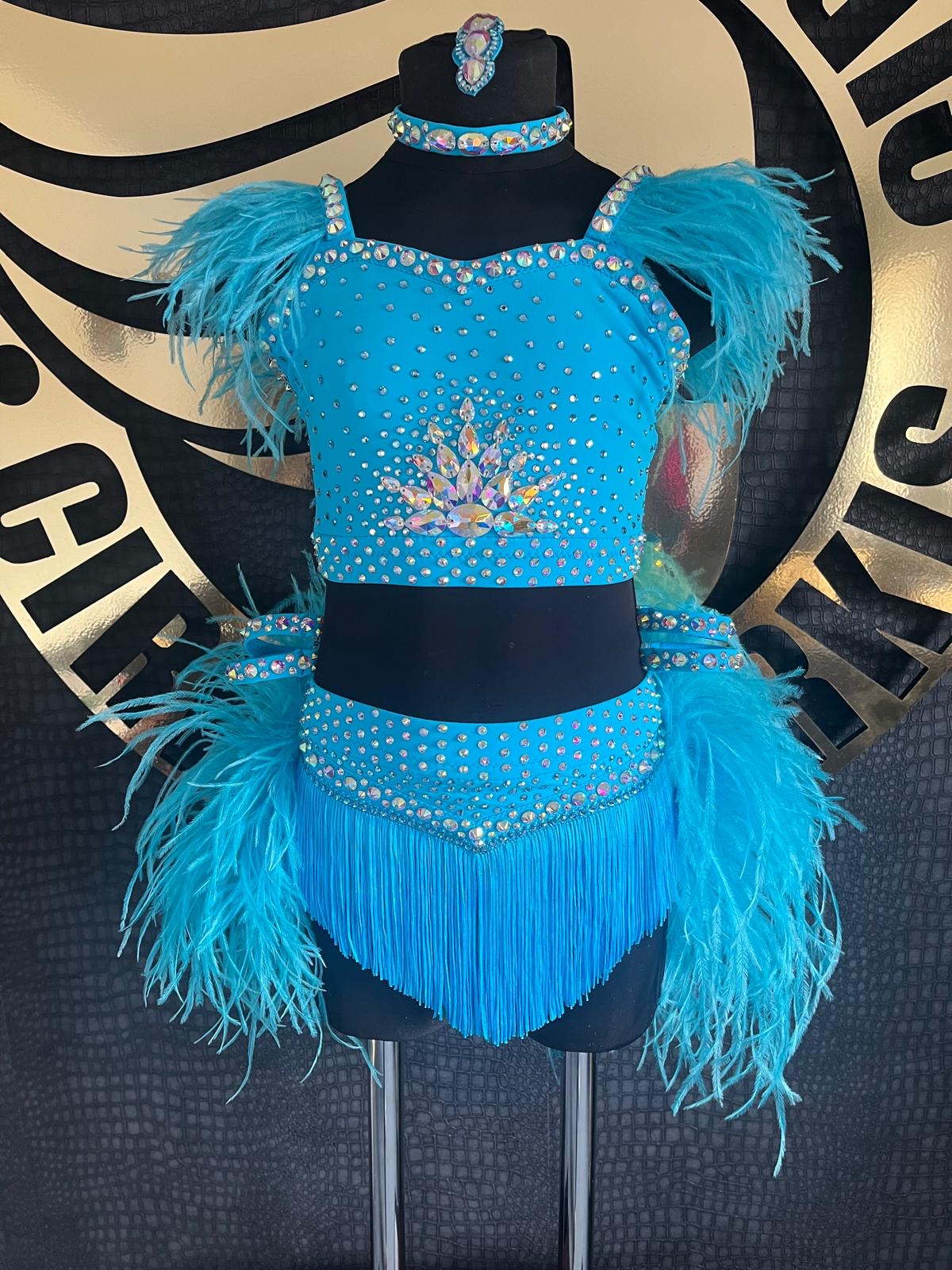 Age 7-8 years Blue Paradise Ostrich Feather 2 Piece Stage Costume