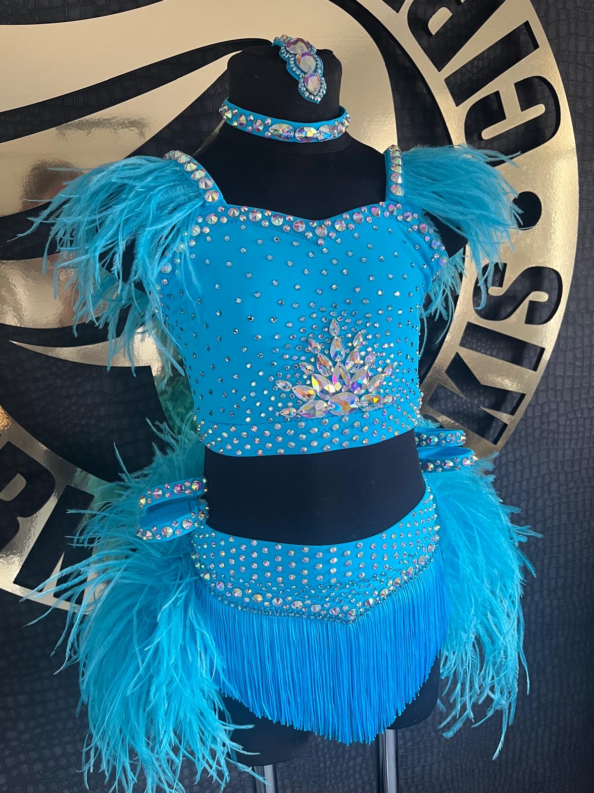 Age 7-8 years Blue Paradise Ostrich Feather 2 Piece Stage Costume