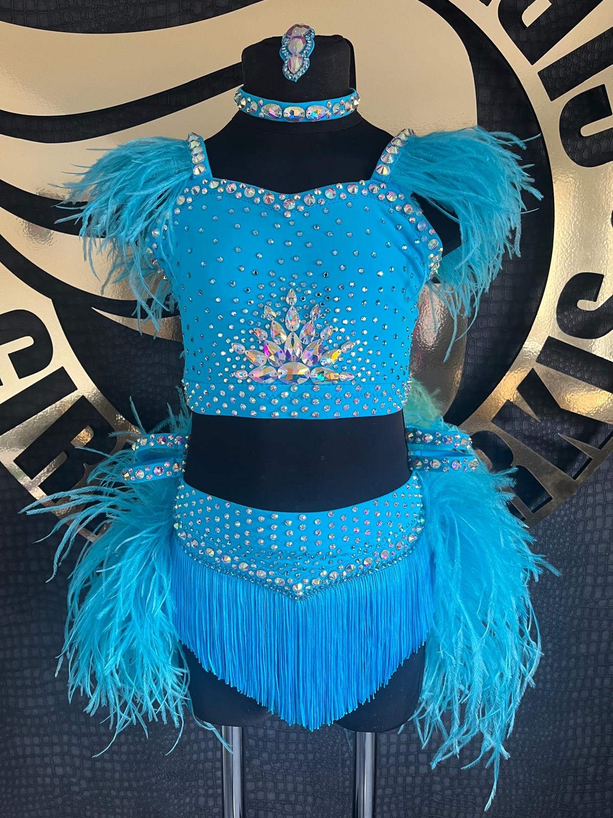 Age 7-8 years Blue Paradise Ostrich Feather 2 Piece Stage Costume