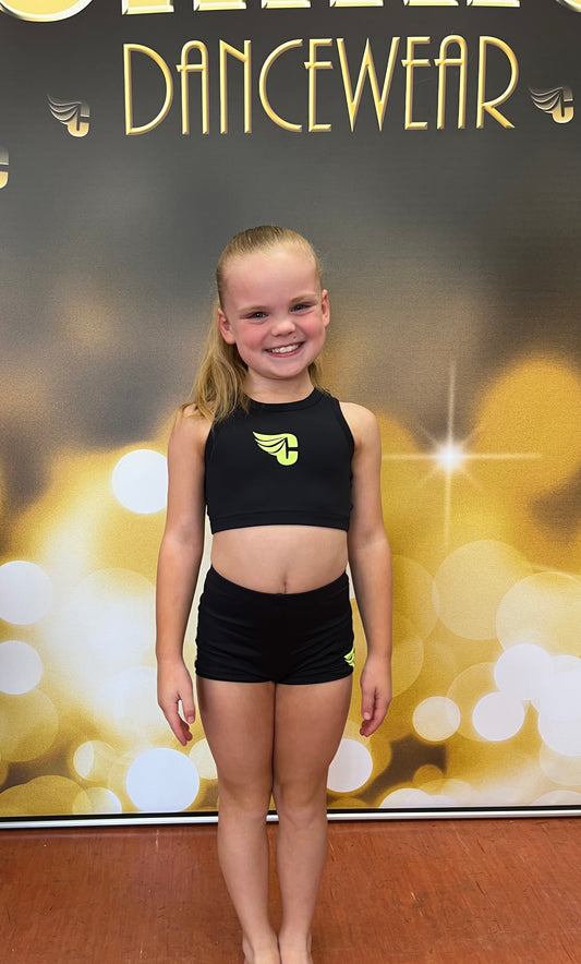 Girls Black Dance Shorts With Fluo Yellow Prints