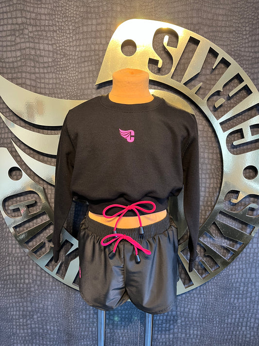 Cirkis Essentials Girls Black Cropped Jumper With Pink Tier Detail